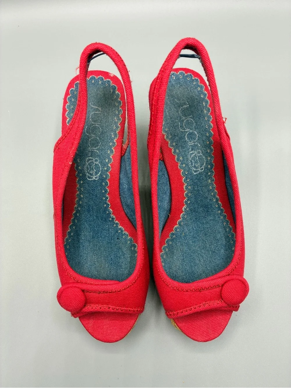 Y2K SUGAR red Canvas Peep-Toe Slingback Wedge Sandals